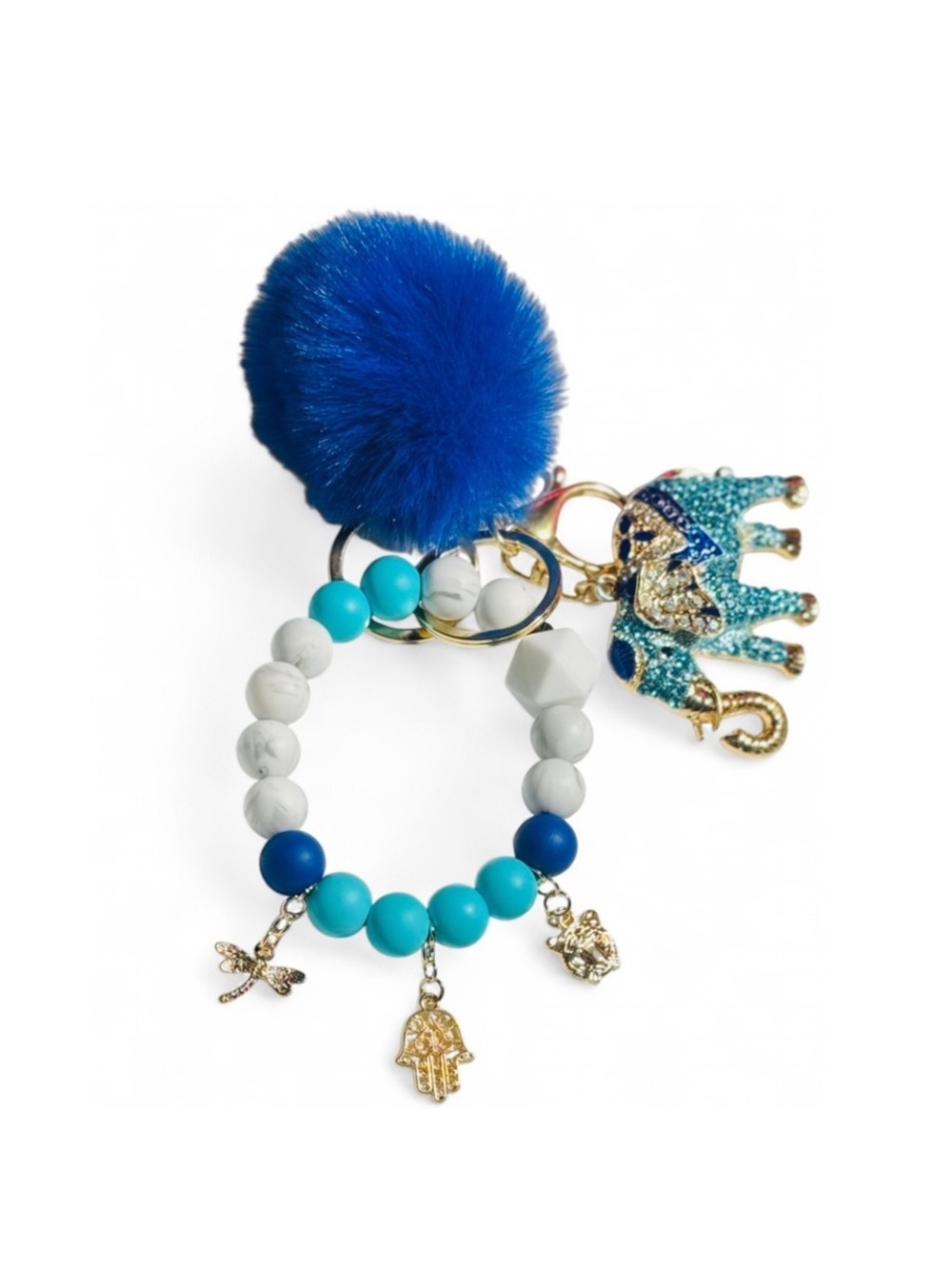 Women’s Blue Silicone Beaded Keychain with Pom Pom